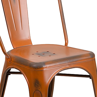 Flash Furniture Distressed Metal Indoor/Outdoor Stackable Chair in Orange. View a larger version of this product image.