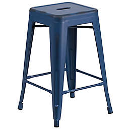 Flash Furniture Backless Distressed Metal Indoor/Outdoor Counter Stool in Blue