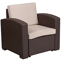 Flash Furniture Outdoor Faux Rattan Chair in Chocolate Brown with Beige Cushions
