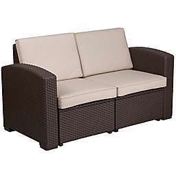 Flash Furniture Outdoor Faux Rattan Loveseat in Chocolate Brown with Beige Cushions