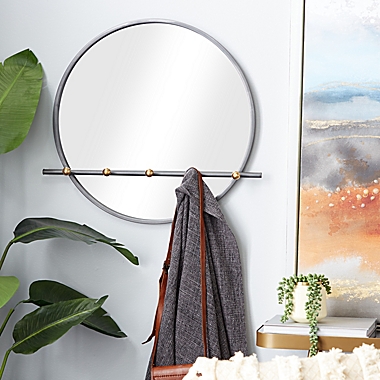 Ridge Road Decor 24-Inch x 25-Inch Metal Wall Mirror with Hooks in Black. View a larger version of this product image.