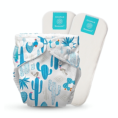 Charlie Banana One Size Reusable Cloth Diaper with 2 Inserts in Cactus Azul. View a larger version of this product image.