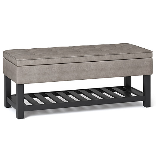 Simpli Home Cosmopolitan Faux Leather, Leather And Wood Storage Bench