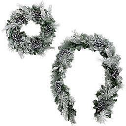Fraser Hill Farm® Snow Flocked 24-Inch Wreath and 6-Foot Garland with Pinecones Set