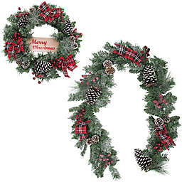 Fraser Hill Farm® 24-Inch Frosted Wreath and 6-Foot Garland with Pinecones, Bows and Berries
