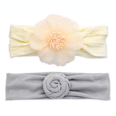 Khristie&reg; 2-Pack Flower &amp; Bun Headbands in Ivory/Grey. View a larger version of this product image.