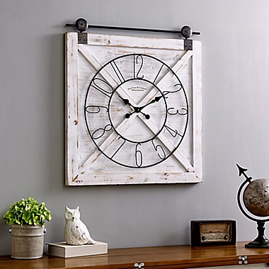 FirsTime&reg; Farmstead Barn Door 29-Inch x 27-Inch Wall Clock in Weathered White Wash. View a larger version of this product image.