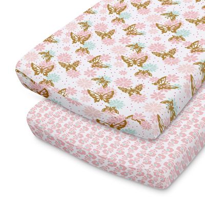 The Peanutshell&trade; 2-Pack Butterfly/Floral Changing Pad Covers in Pink/Gold