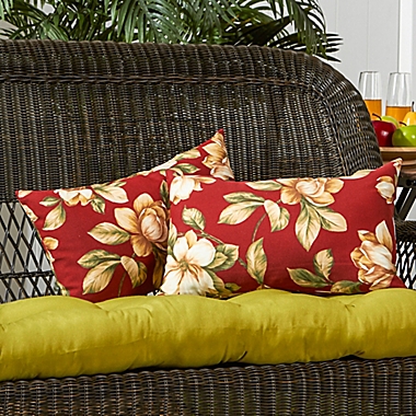 Greendale Home Fashions Roma Floral 2-Piece Outdoor Lumbar Pillow Set in Light Red. View a larger version of this product image.