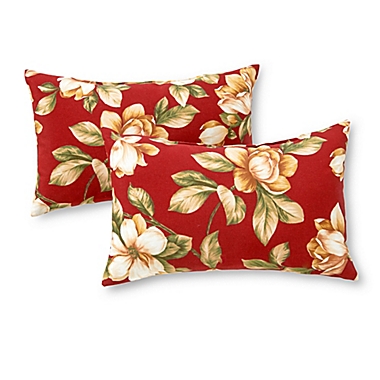 Greendale Home Fashions Roma Floral 2-Piece Outdoor Lumbar Pillow Set in Light Red. View a larger version of this product image.