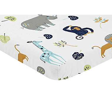Sweet Jojo Designs&reg; Mod Jungle Mini Fitted Crib Sheet in Blue/Grey/Green. View a larger version of this product image.