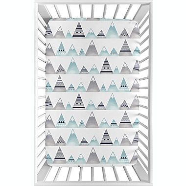 Sweet Jojo Designs&reg; Mountains Mini Fitted Crib Sheet in Grey/Blue. View a larger version of this product image.
