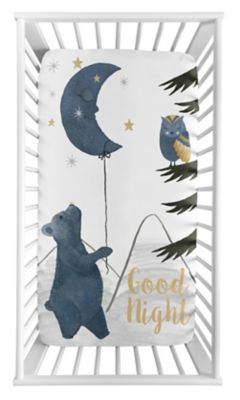 Sweet Jojo Designs&reg; Moon Bear Photo Op Fitted Crib Sheet in Blue/Gold