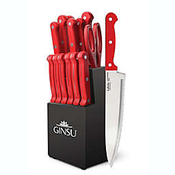 Ginsu Kiso Series 14-Piece Black Knife Block Cutlery Set with Red Handles
