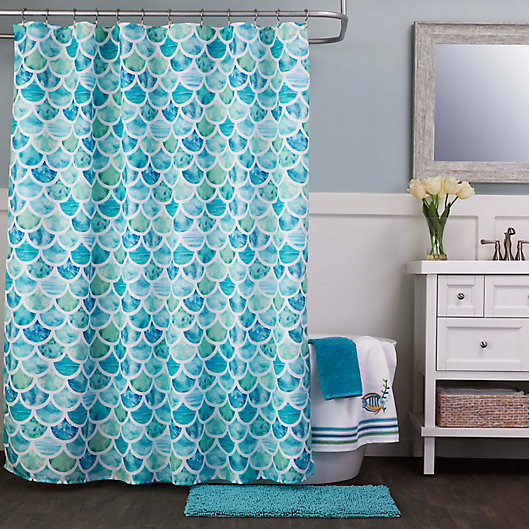 Ocean Watercolor Scales Shower Curtain, Aquatic Themed Shower Curtains