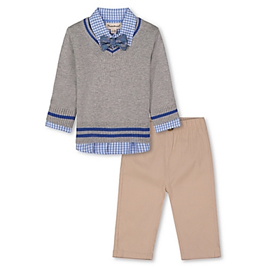 Beetle &amp; Thread&reg; Size 0-3M 4-Piece Sweater, Shirt, Pant and Bow Tie Set in Khaki/Grey. View a larger version of this product image.