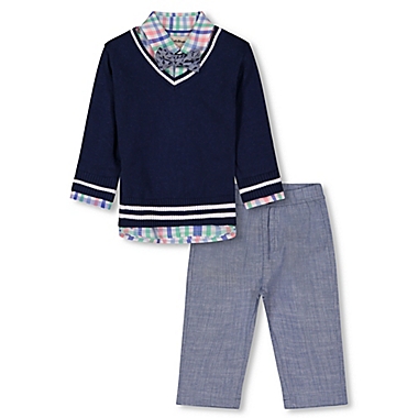 Beetle &amp; Thread&reg; Size 0-3M 4-Piece Sweater, Shirt, Pant and Bow Tie Set in Navy/Blue. View a larger version of this product image.