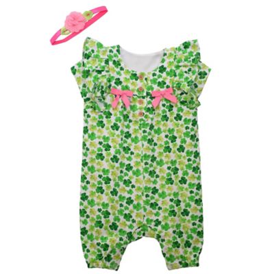 Bonnie Baby 2-Piece Clover Bows Romper and Headband Set in Green