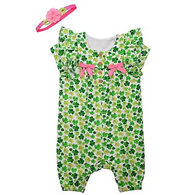Bonnie Baby Size 0-3M 2-Piece Clover Bows Romper and Headband Set in Green. View a larger version of this product image.