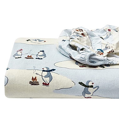 Eddie Bauer&reg; Skating Penguins Cotton Flannel Queen Sheet Set in Light Blue. View a larger version of this product image.