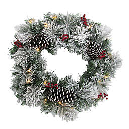 Fraser Hill Farm 24-Inch Pre-Lit Snow-Covered Artificial Christmas Wreath in White