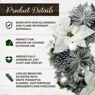 Fraser Hill Farm 24-Inch Frosted Poinsettia Artificial Christmas Wreath in White. View a larger version of this product image.