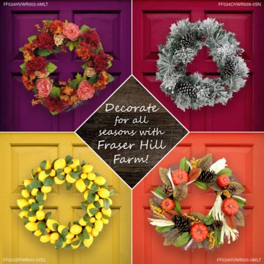 Fraser Hill Farm 24-Inch Frosted Poinsettia Artificial Christmas Wreath in White. View a larger version of this product image.