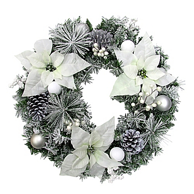 Fraser Hill Farm 24-Inch Frosted Poinsettia Artificial Christmas Wreath in White. View a larger version of this product image.