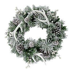 Fraser Hill Farm 24-Inch Frosted Artificial Christmas Wreath with Pinecones in White
