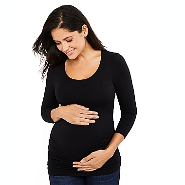 A Pea in the Pod Large Side Ruched 3/4 Sleeve Maternity T-Shirt in Black. View a larger version of this product image.