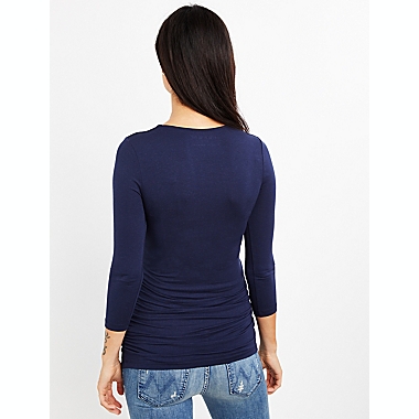 A Pea in the Pod Small Side Ruched 3/4 Sleeve Maternity T-Shirt in Navy. View a larger version of this product image.