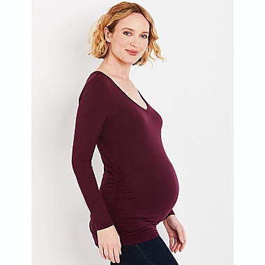 Motherhood Maternity&reg; Large Long Sleeve Side Ruched Maternity T-Shirt in Burgundy. View a larger version of this product image.