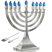 Zion Judaica&reg; Battery/USB Powered LED Menorah in Silver/Blue