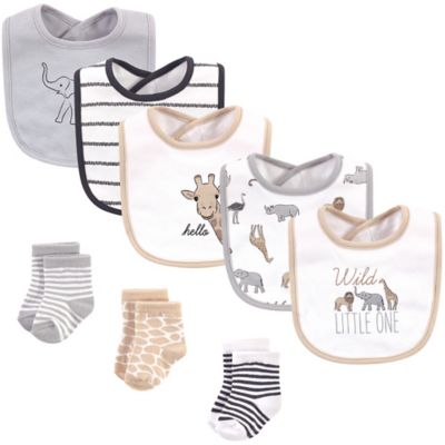 Hudson Baby&reg; 8-Piece Animals Cotton Bib and Sock Sets Set in Grey/Brown