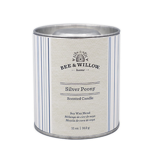 Alternate image 1 for Bee & Willow™ Home Silver Peony 11 oz. Tin Candle with Ticking Stripe Design
