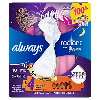 Always 10-Count Radiant Overnight Size 4 Pads with Flexi-Wings. View a larger version of this product image.