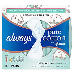Always Pure Cotton FlexFoam 14-Count Size 1 Regular Unscented Pads with Wings