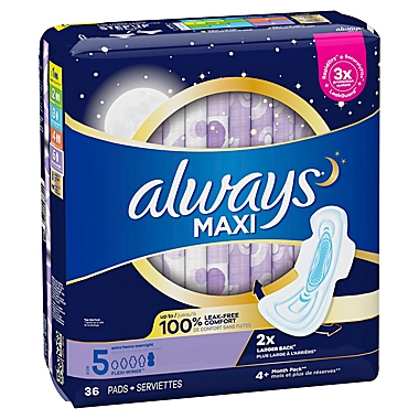 Always Maxi 36-Count Size 5 Extra Heavy Unscented Overnight Pads with Wings. View a larger version of this product image.