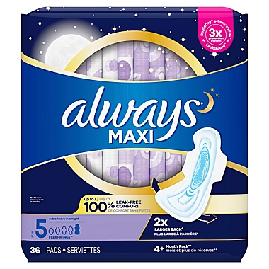 Always Maxi 36-Count Size 5 Extra Heavy Unscented Overnight Pads with Wings. View a larger version of this product image.