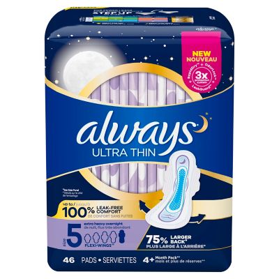 Always Ultra Thin 46-Count Size 5 Overnight Unscented Pads with Wings