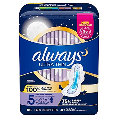 Always Ultra Thin 46-Count Size 5 Overnight Unscented Pads with Wings. View a larger version of this product image.