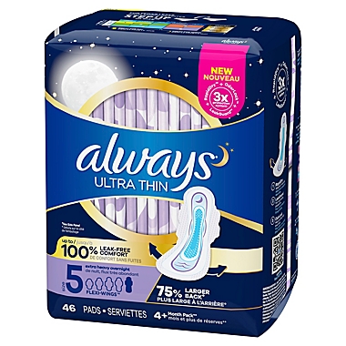 Always Ultra Thin 46-Count Size 5 Overnight Unscented Pads with Wings. View a larger version of this product image.