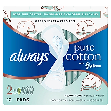 Always Pure Cotton FlexFoam 12-Count Size 2 Heavy Unscented Pads with Wings. View a larger version of this product image.