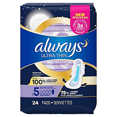 Always 24-Count Ultra Thin Extra Heavy Overnight Size 5 Pads with Flexi-Wings. View a larger version of this product image.