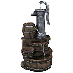 Sunnydaze Farmhouse Pump and Barrels Water Fountain in Brown with Pump and LED Lights