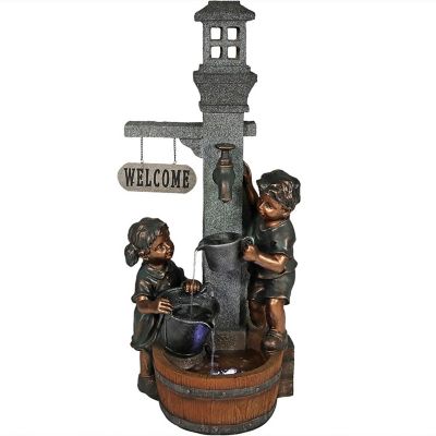 Sunnydaze Children Playing Outdoor Water Fountain in Grey with Pump and LED Lights