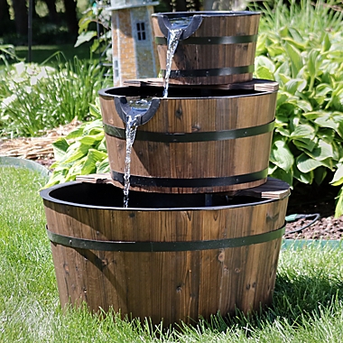 2 Tier Rustic Outdoor Brown Wood Barrel Water Fountain w/ Pump Yard Garden Decor 