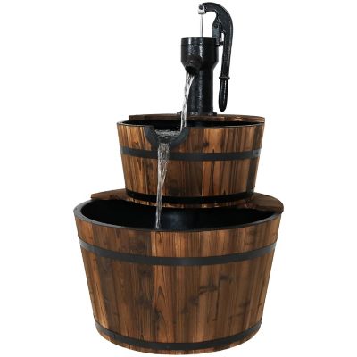 Sunnydaze 2-Tier Rustic Wooden Barrel Outdoor Water Fountain in Brown