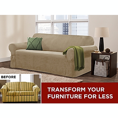 Zenna Home Smart Fit Stretch Suede Sofa Slipcover in Tan. View a larger version of this product image.