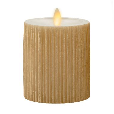 Luminara&reg; Moving Flame&reg; 4.5-Inch Gold Ribbed Real-Flame Effect Pillar Candle. View a larger version of this product image.